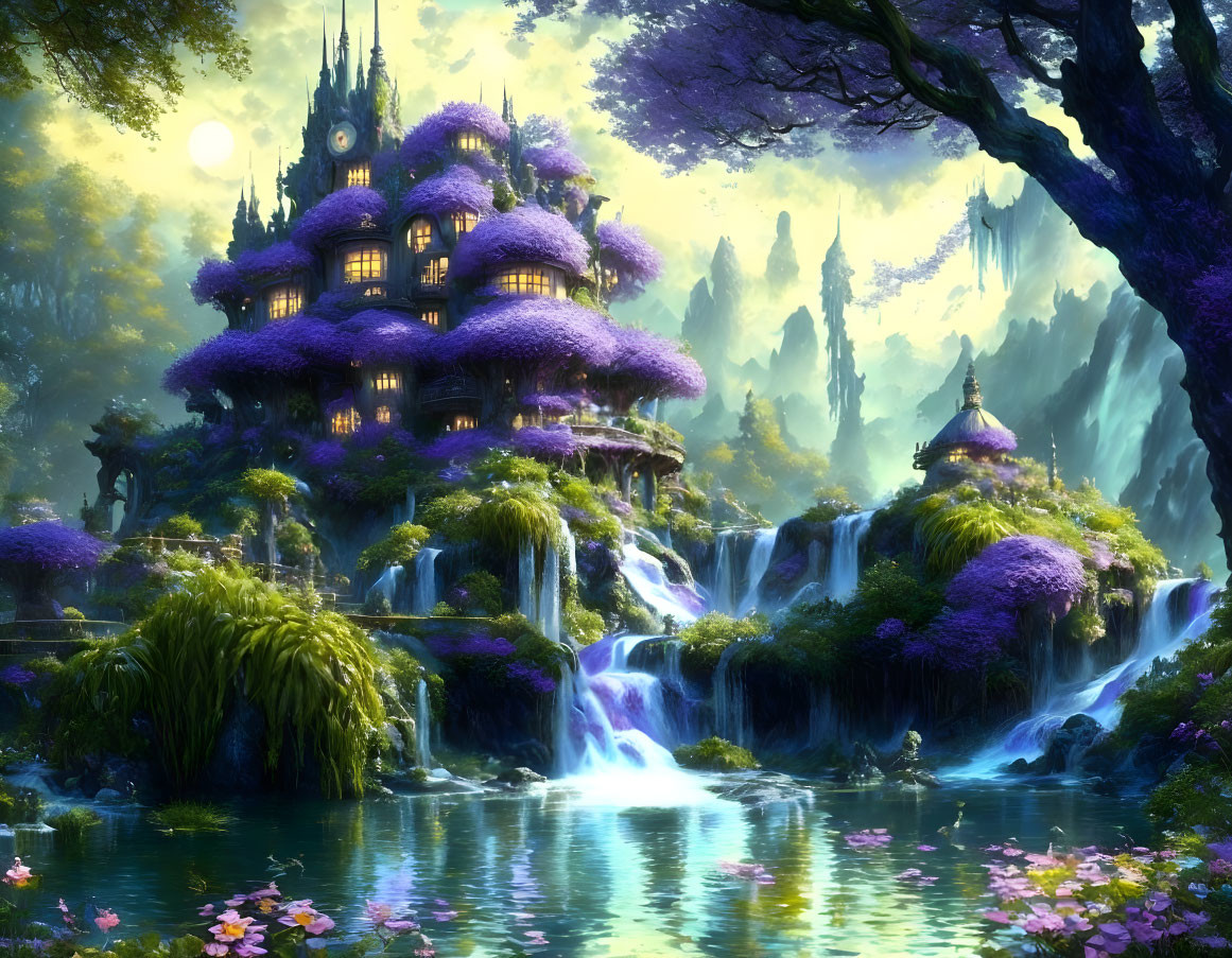 Majestic purple-roofed castle in fantasy landscape