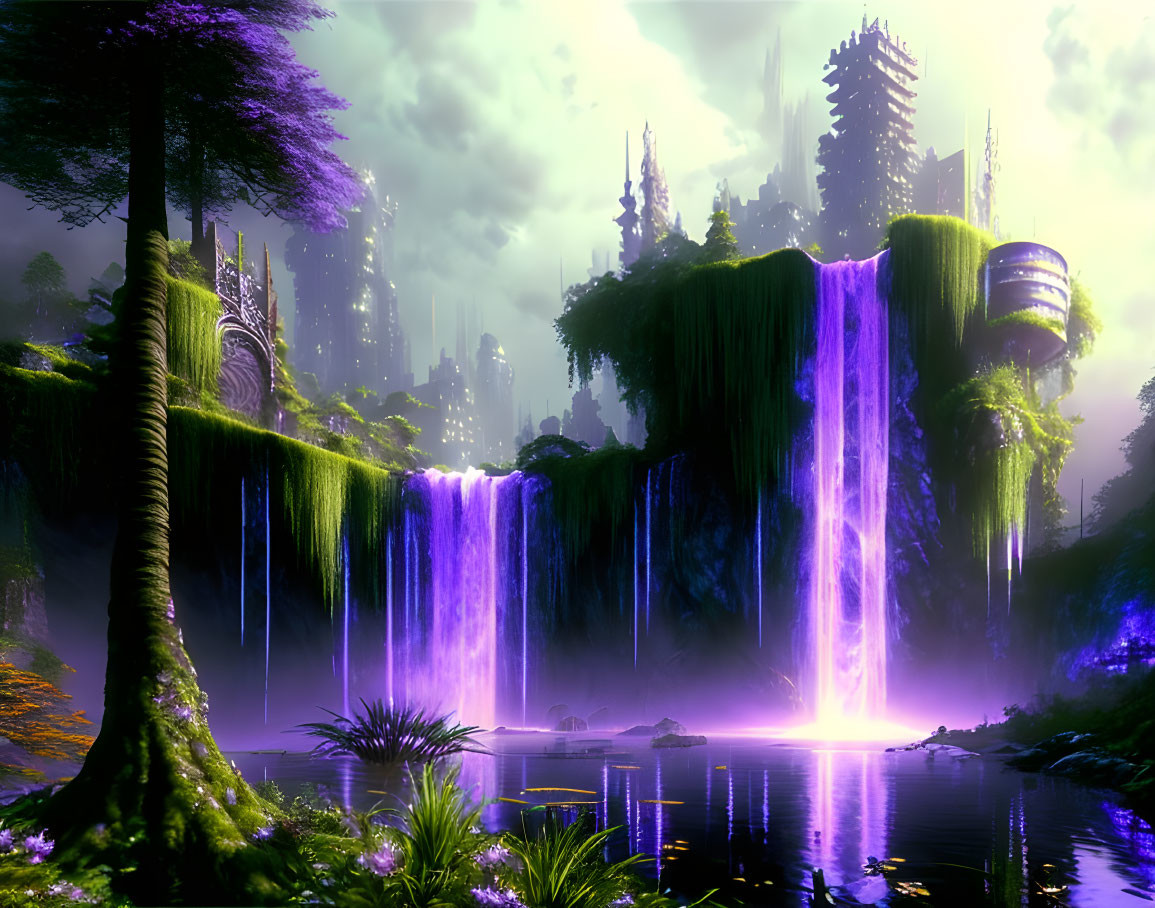 Fantasy landscape with purple waterfalls, lush greenery, exotic flora, and towering structures