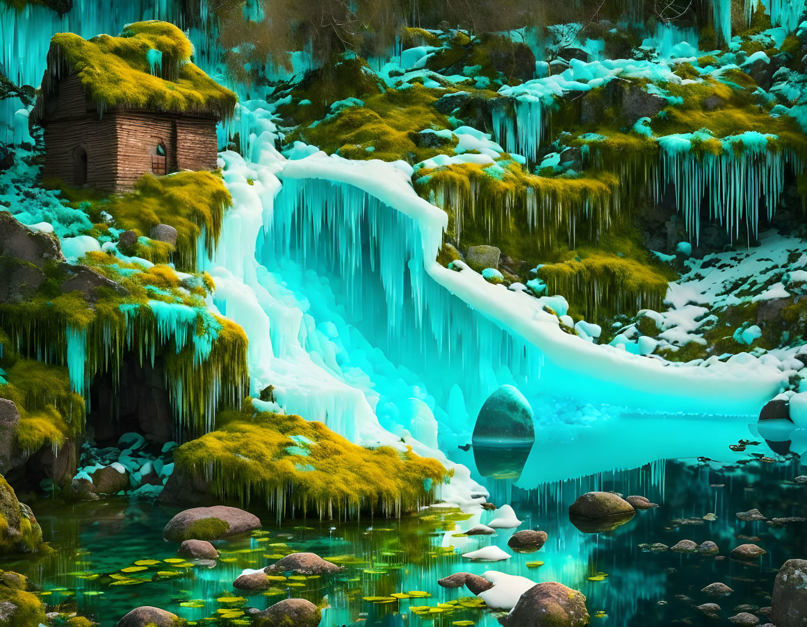 Turquoise Waterfall with Icicles, Moss-Covered Cottage, and Glowing Blue Waters