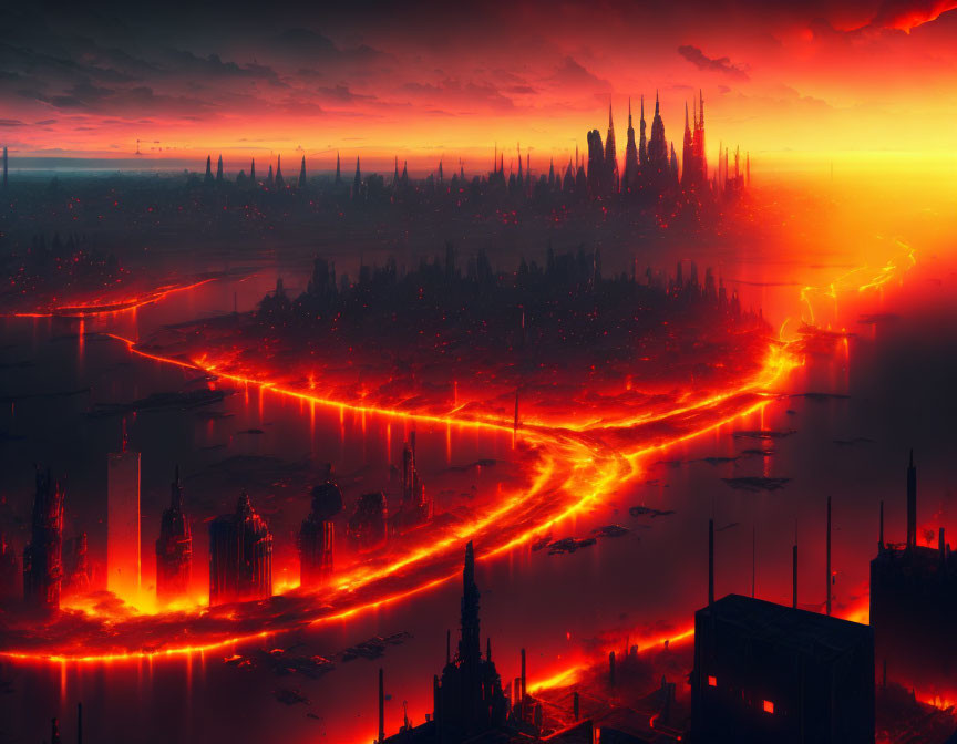 Futuristic cityscape: glowing red rivers, towering skyscrapers, fiery sky