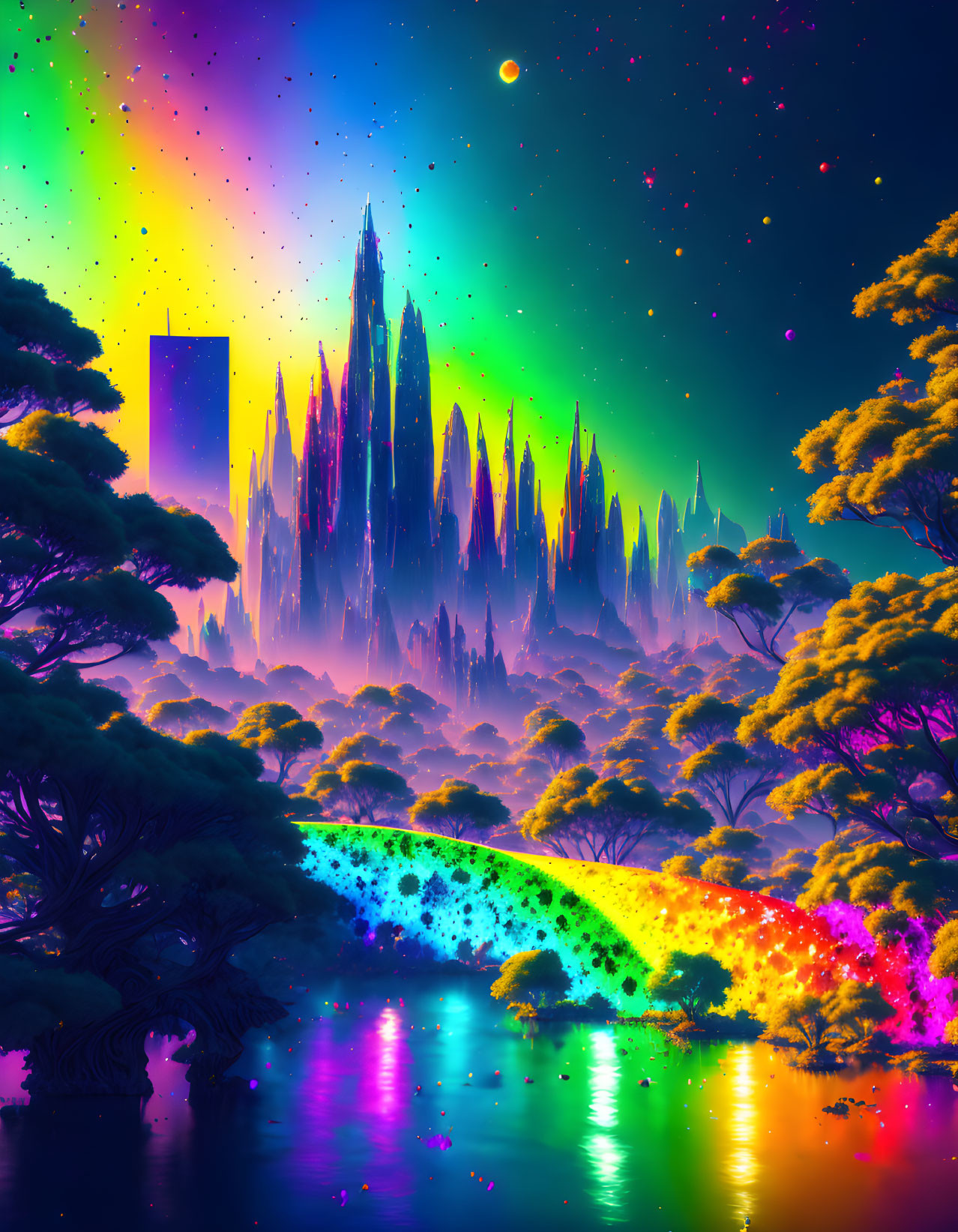 Colorful surreal landscape with neon colors, starry sky, luminous trees, reflective river, floating