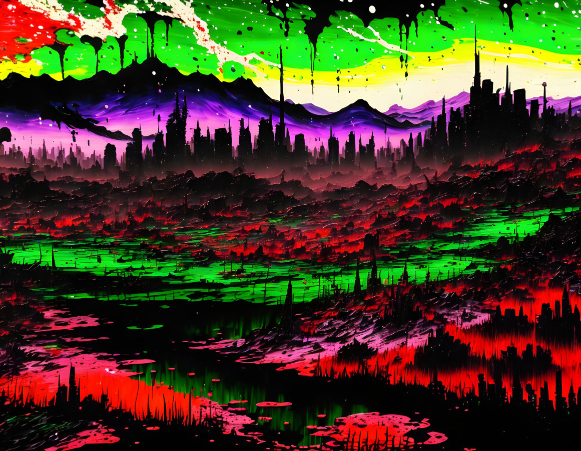 Vivid digital art: neon aurora, cityscape silhouette, mountain backdrop