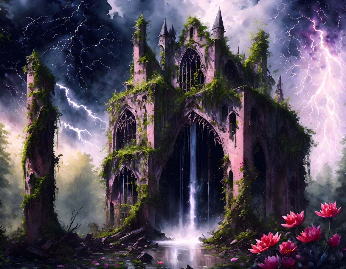 Abandoned Gothic cathedral in twilight with lightning and pink flowers