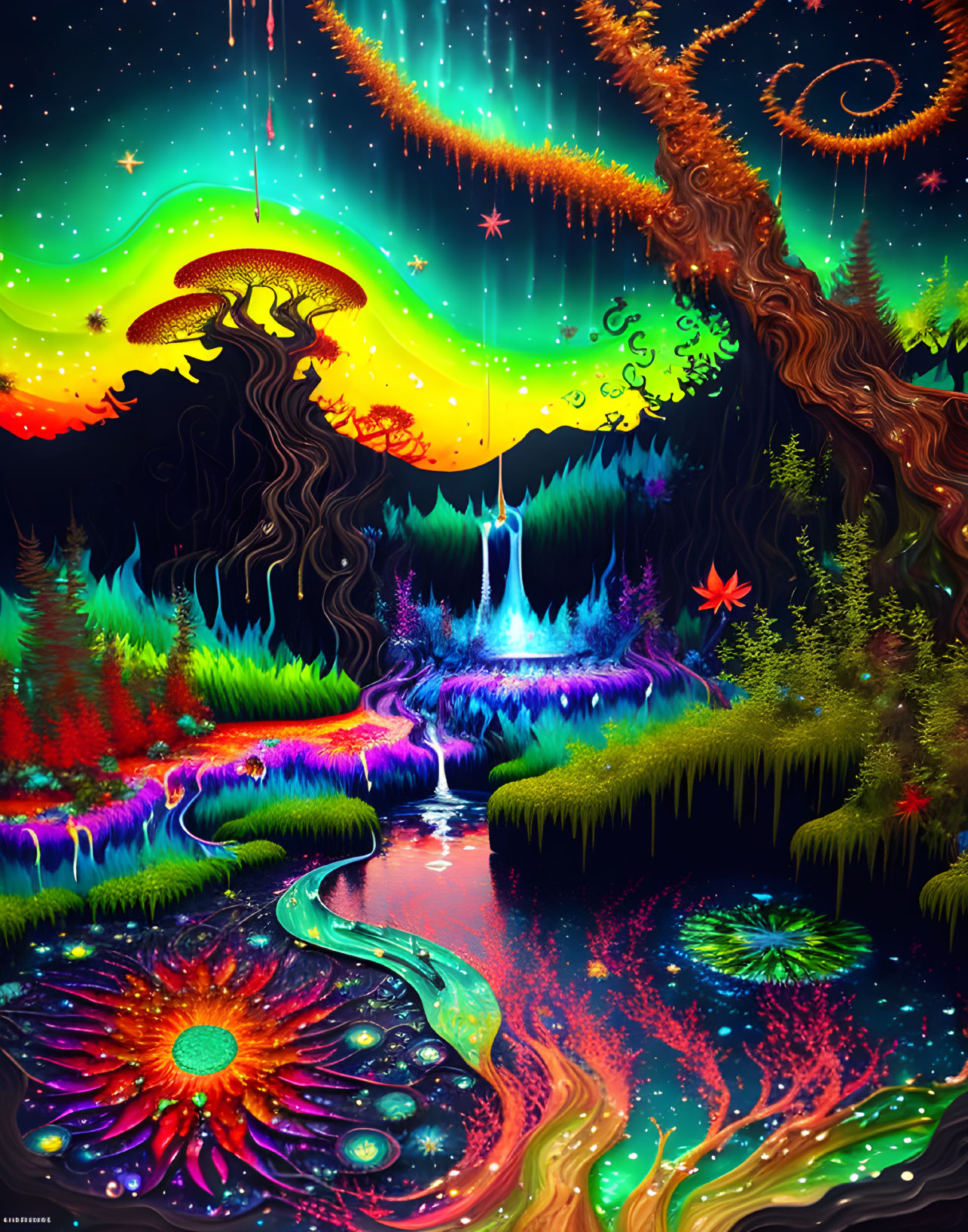 Colorful psychedelic forest with glowing river and whimsical night sky