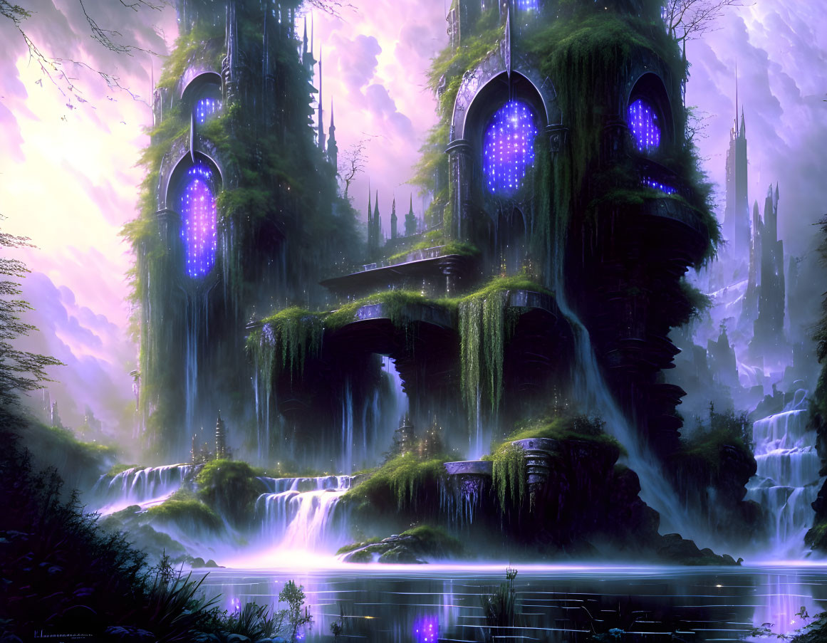 Mystical fantasy landscape with waterfalls and lush green structures