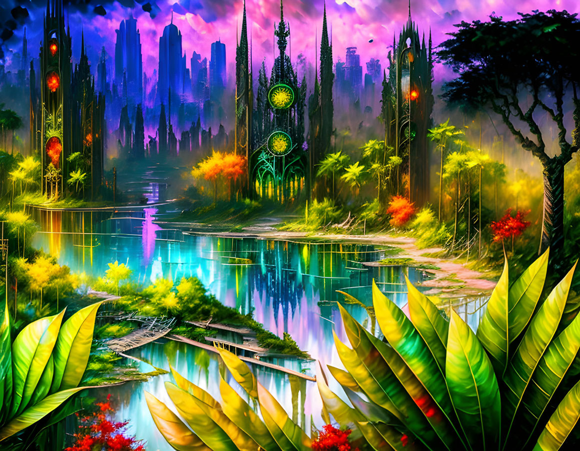 Fantastical landscape with glowing towers and blue river