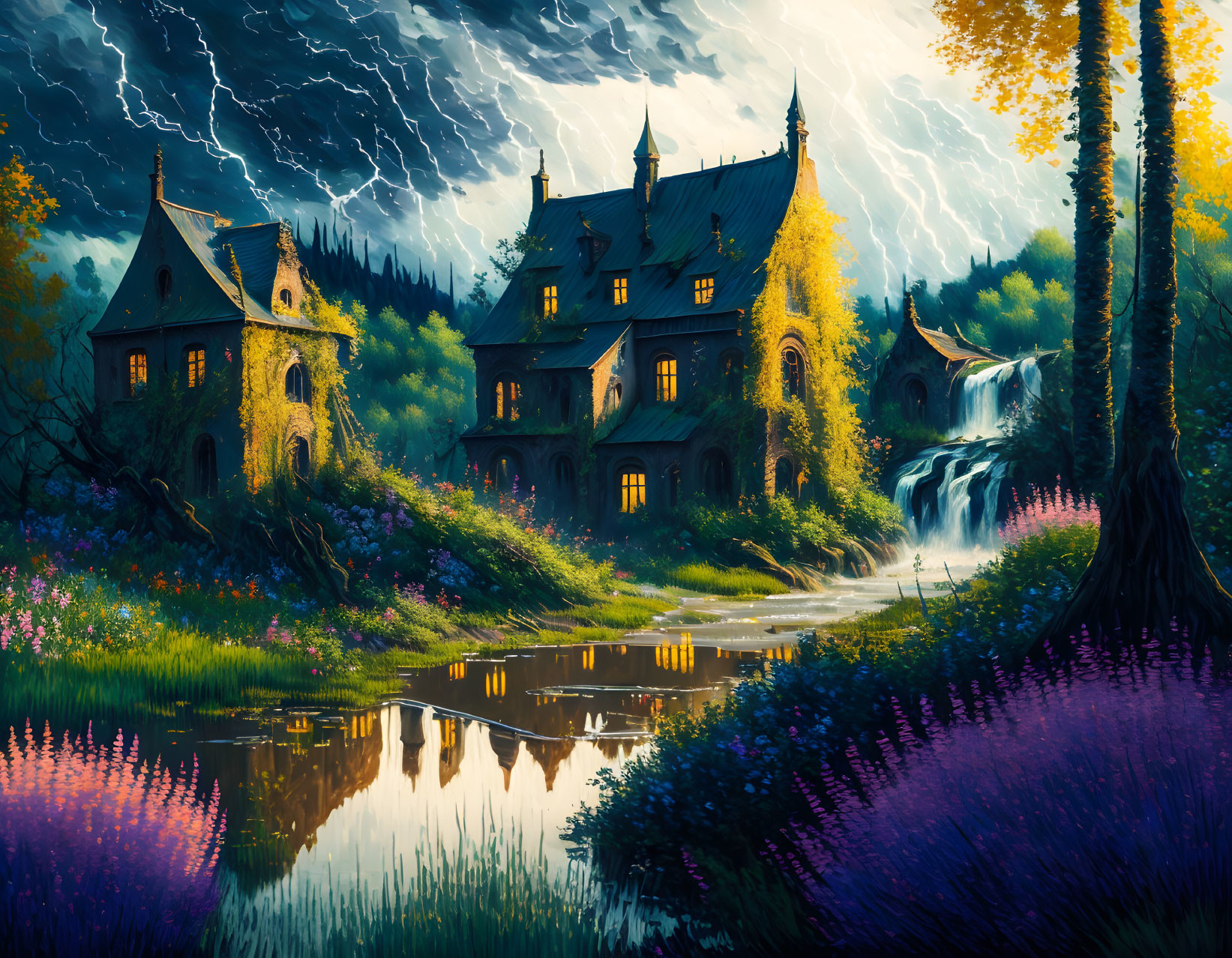 Gothic mansion by waterfall with purple flowers, stormy sky, and reflection in pond