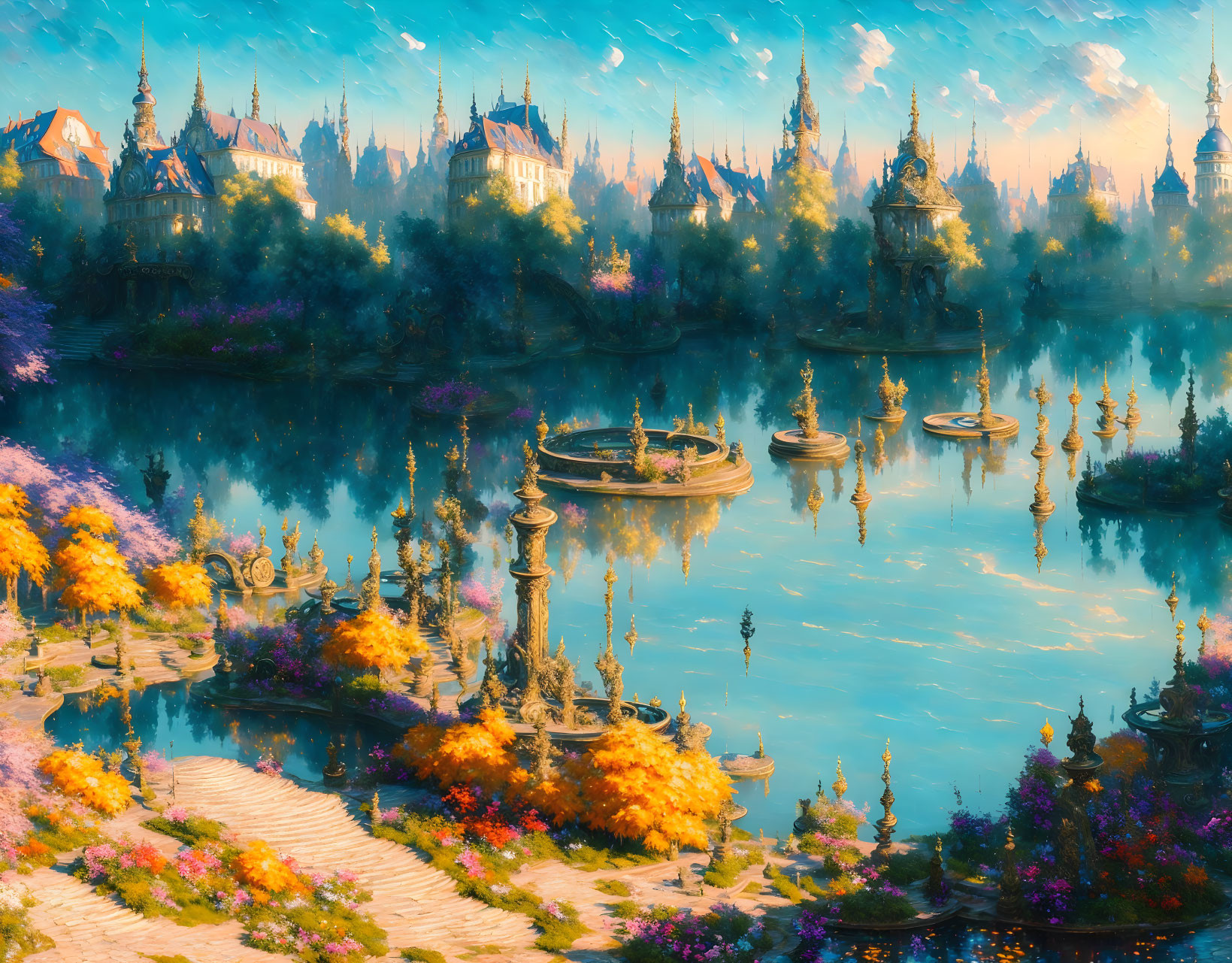 Colorful Fantasy Landscape with Ornate Buildings, Gardens, Lake, and Autumnal Trees