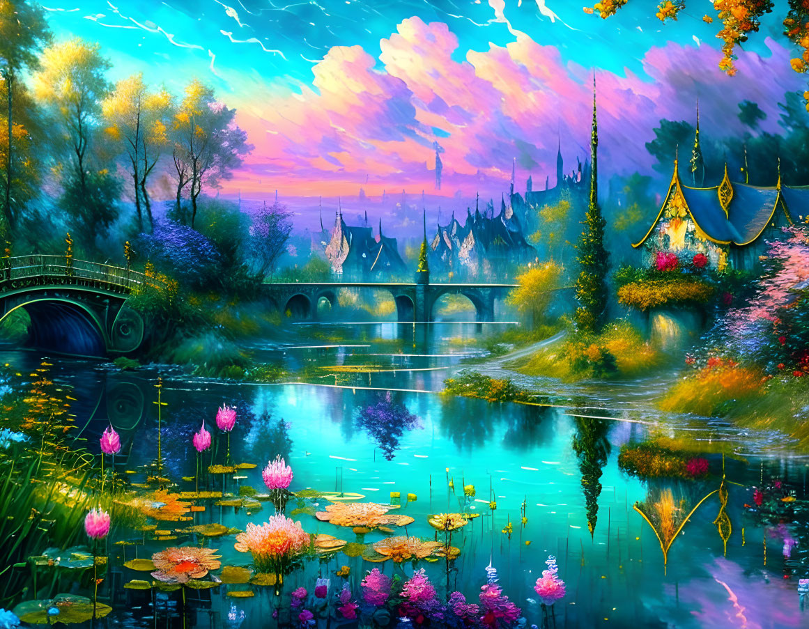 Serene fantasy landscape with river, bridge, trees, and castle