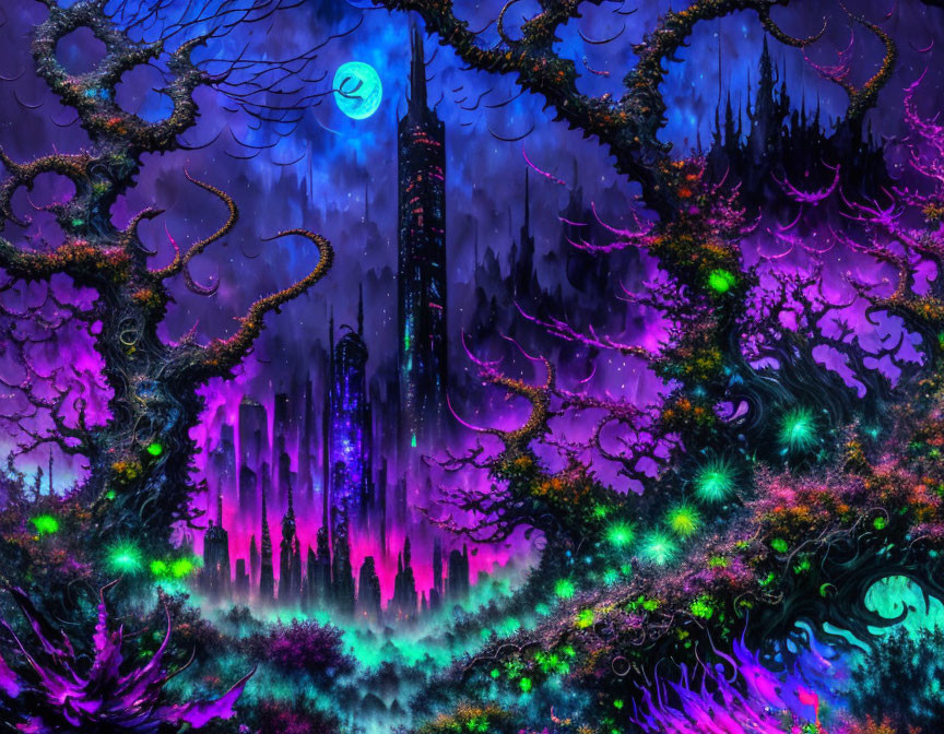 Fantasy landscape with neon colors, glowing flora, towering spire, blue moon