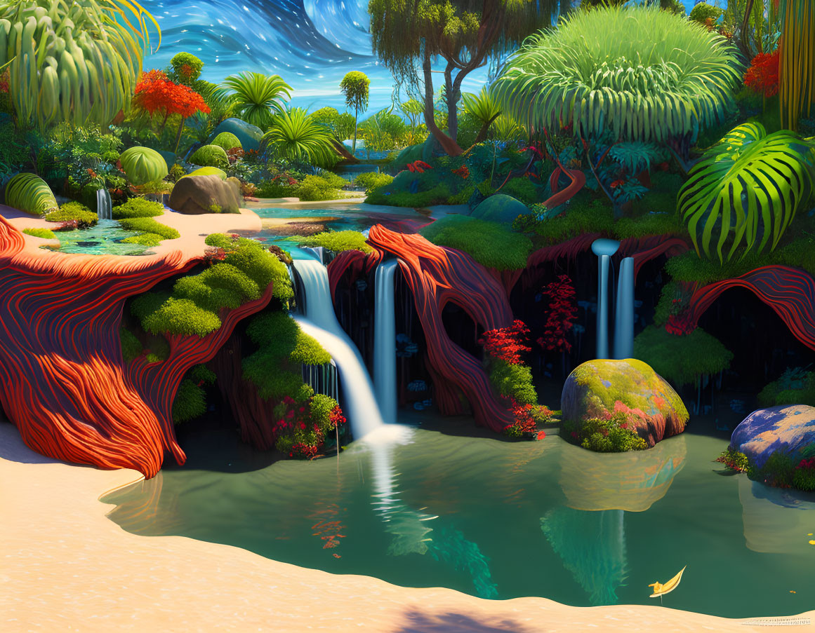 Colorful Fantasy Landscape with Red Rock Formations, Waterfalls, and Serene Pond