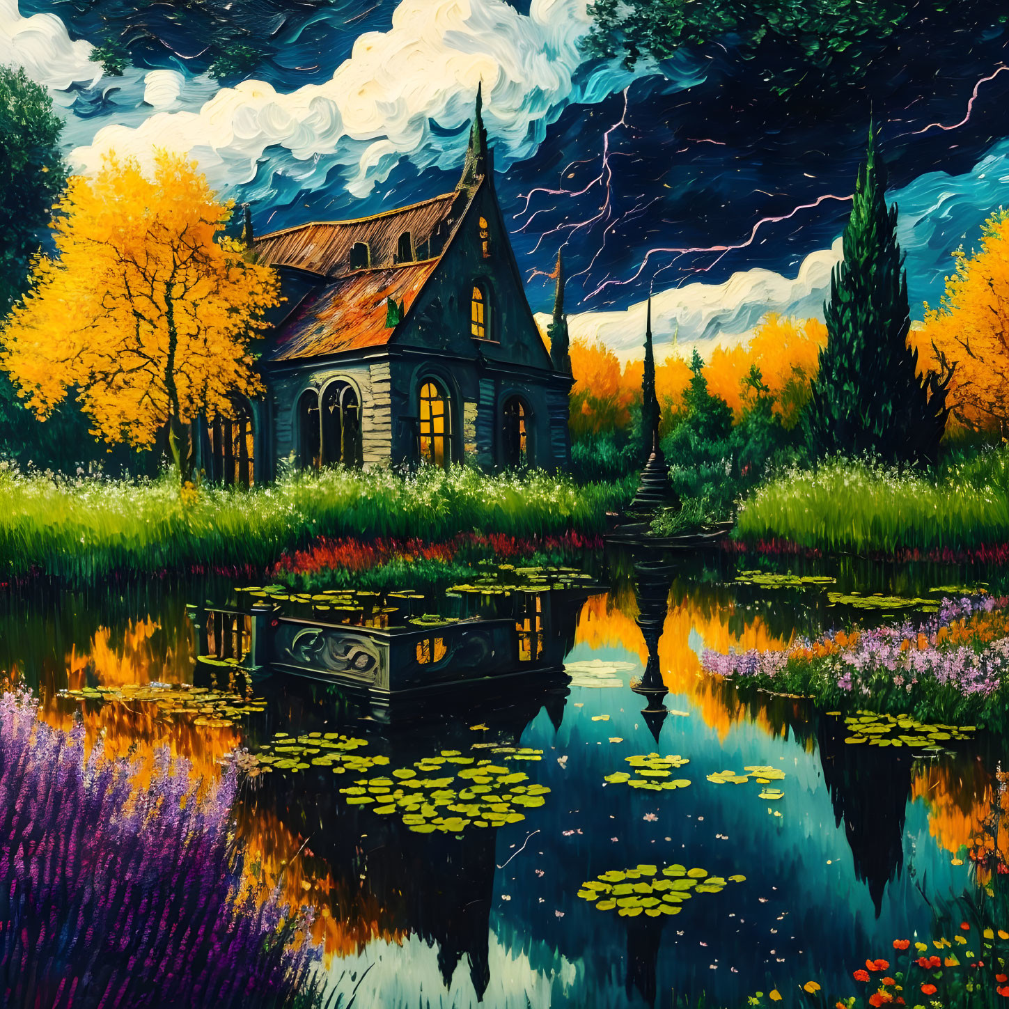 Colorful painting of old house by pond with water lilies, stormy sky & lightning