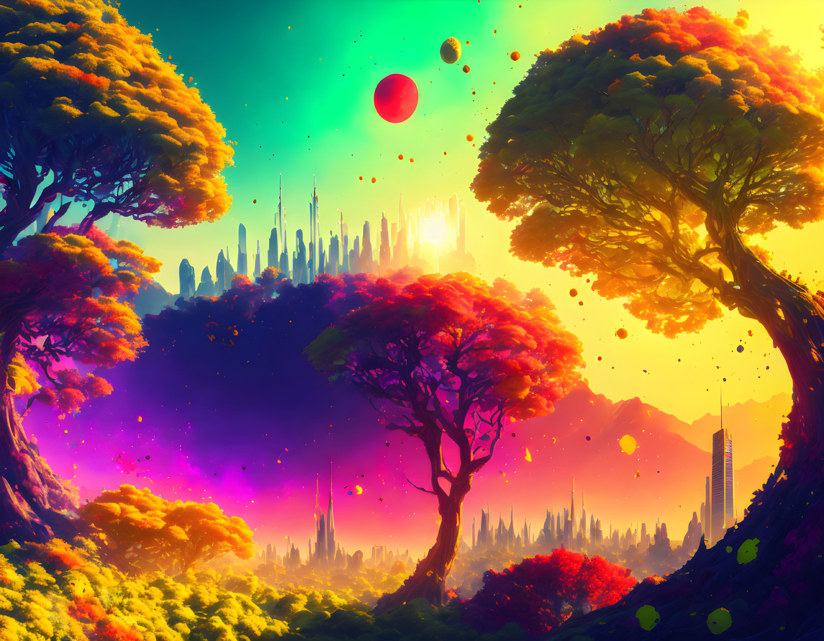 Colorful alien landscape with luminous trees, futuristic city, moons, and nebula