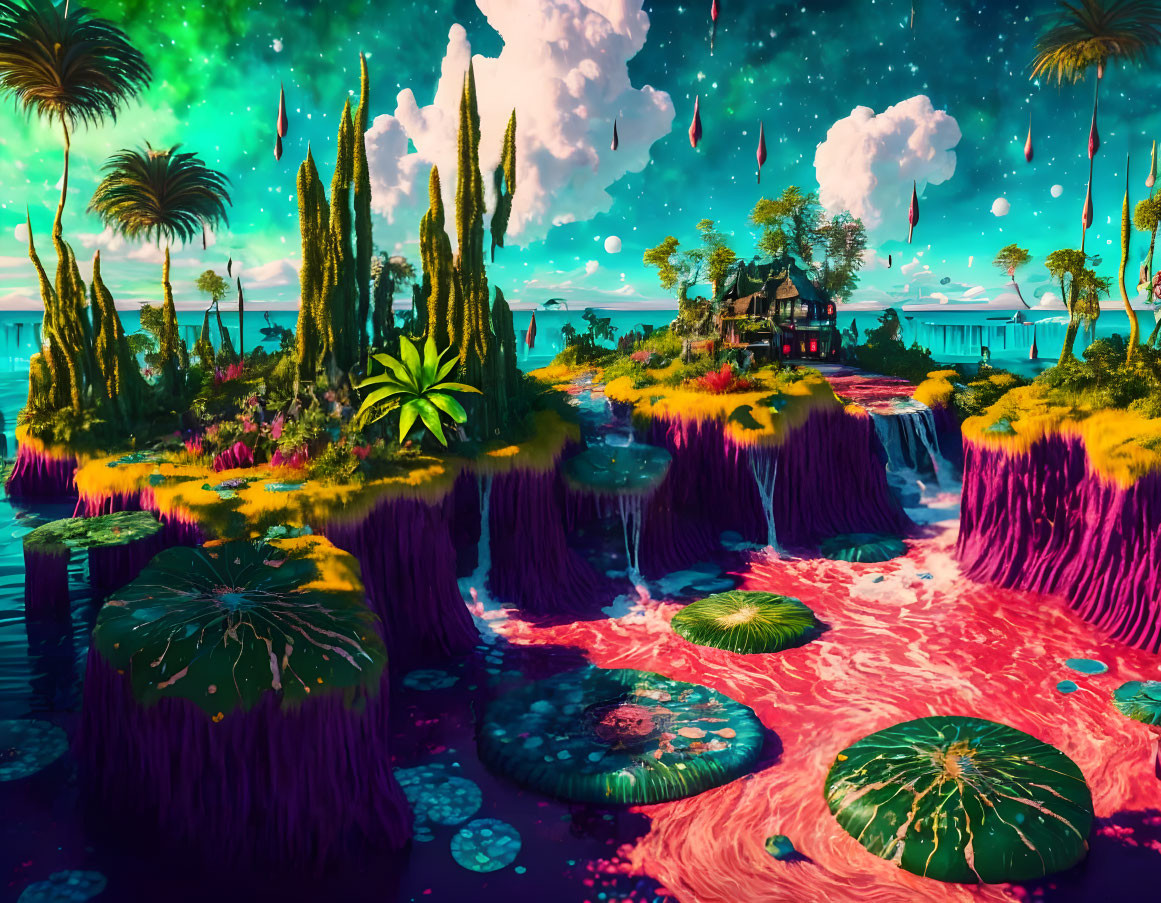 Colorful landscape with pink rivers, floating islands, lush vegetation, and blue sky.