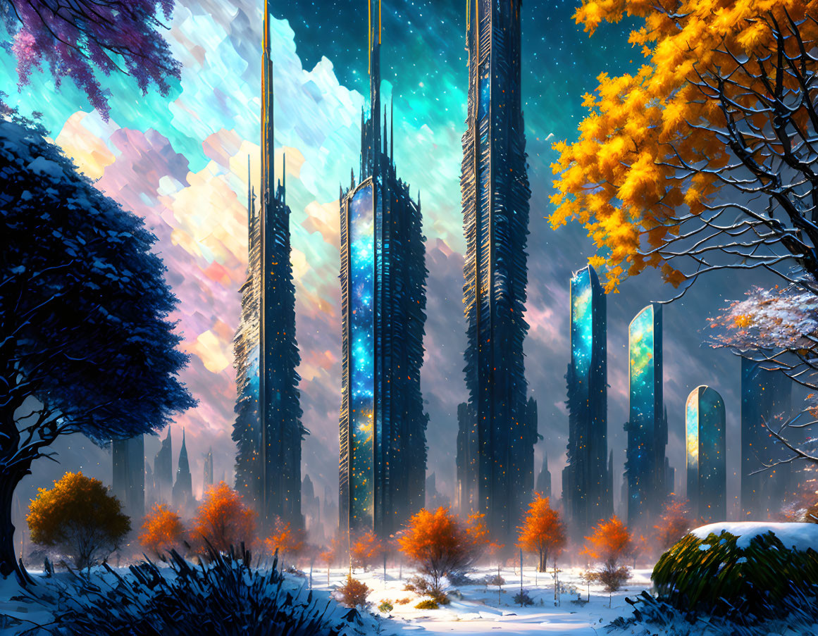 Futuristic skyscrapers in snow-covered landscape with autumn trees and colorful sky