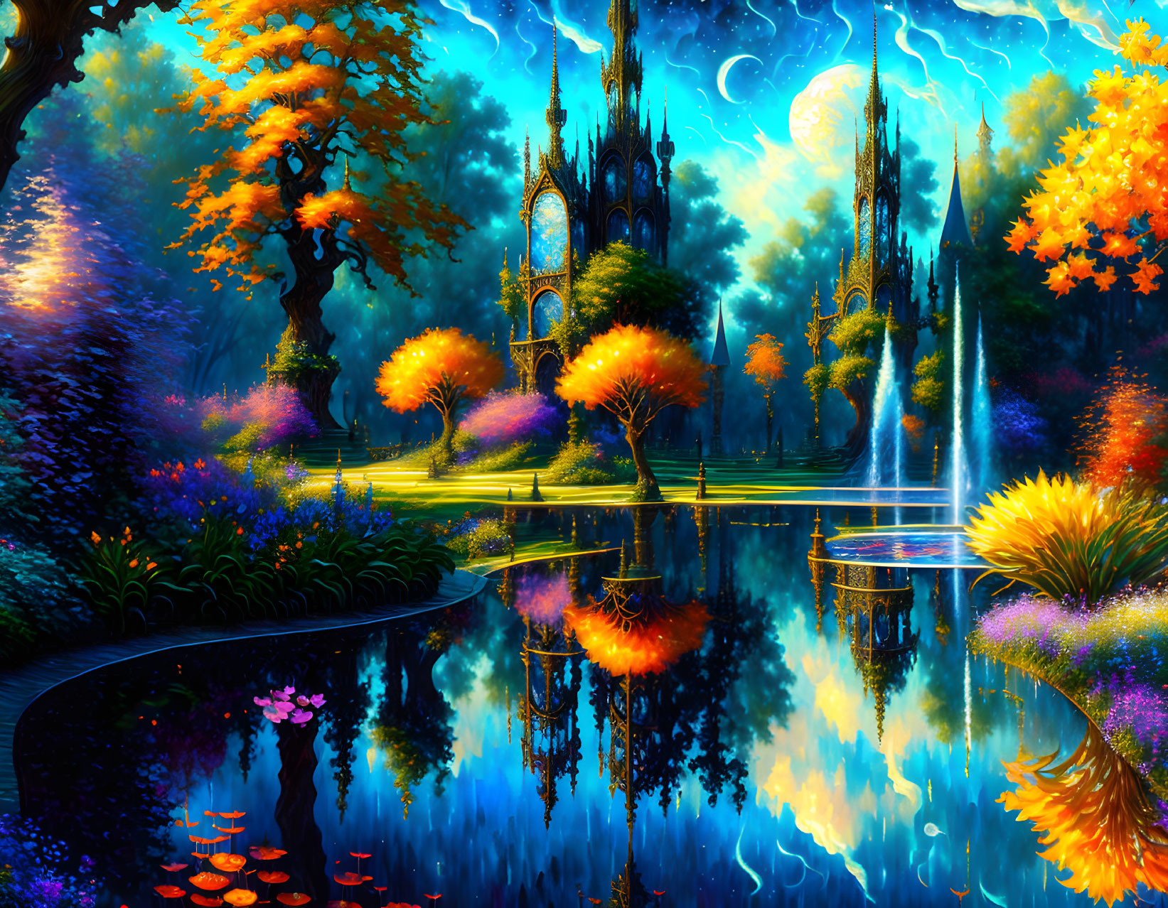 Fantastical landscape with luminous trees, reflective lake, Gothic castle, colorful sky.