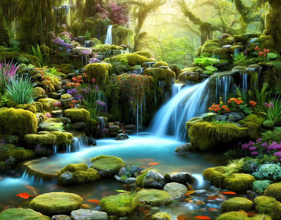 Tranquil Moss-Covered Forest Waterfall