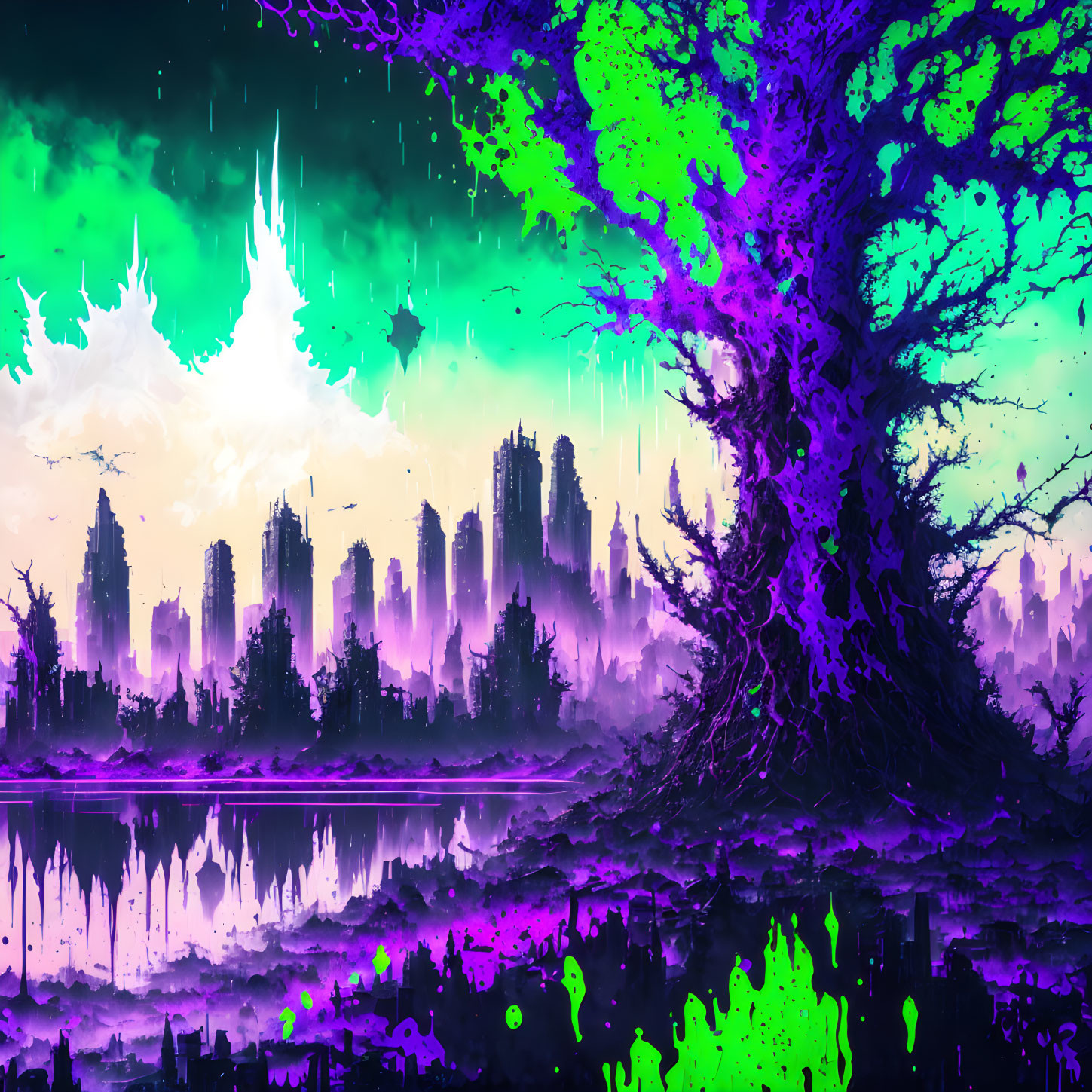 Surreal neon landscape with massive tree and futuristic city backdrop