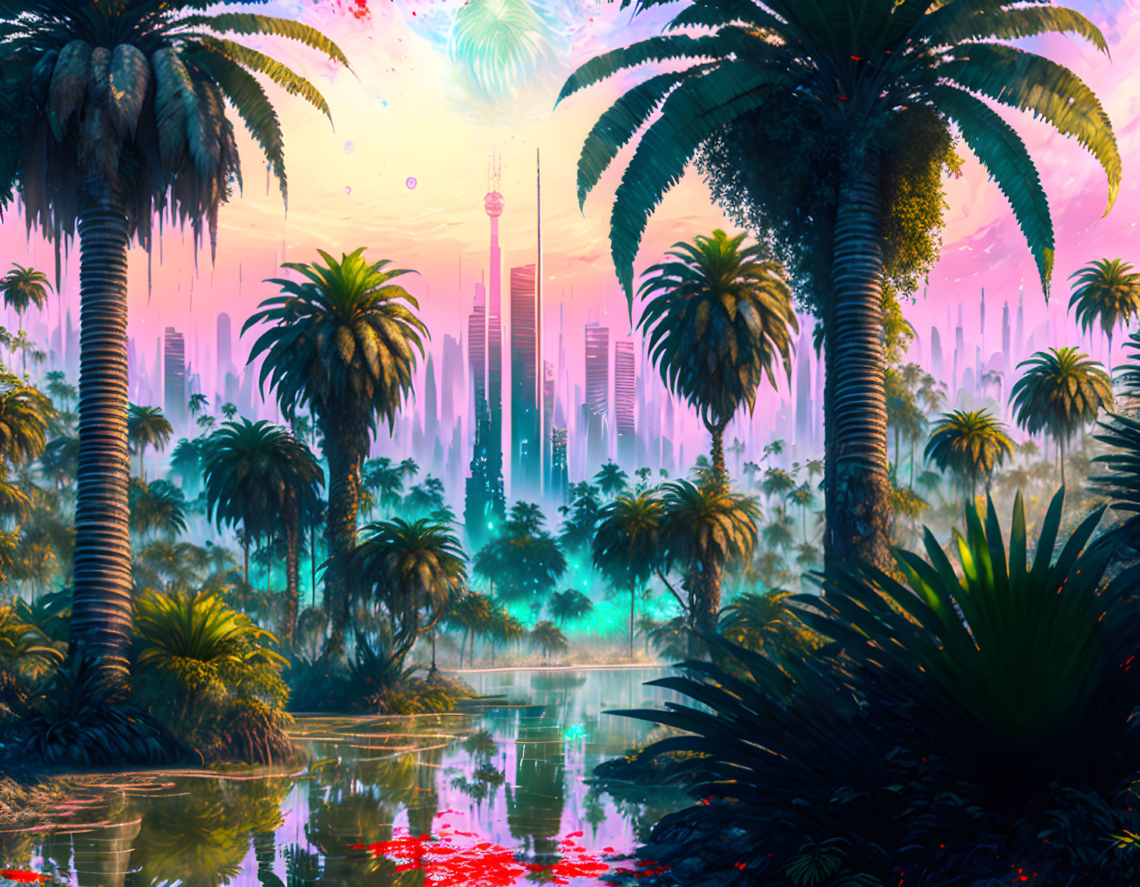 Vibrant neon cityscape with skyscrapers, tropical forest, and reflective water