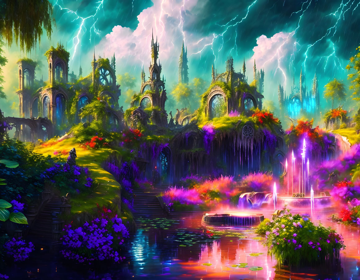 Vibrant fantasy landscape with electric blue lightning, glowing waterfalls, neon flora, and Gothic structures