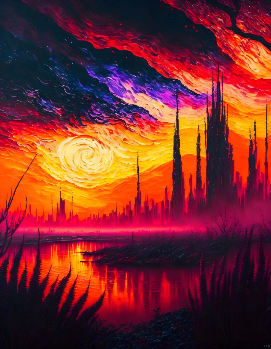 Surreal landscape with swirling skies and spire-like structures