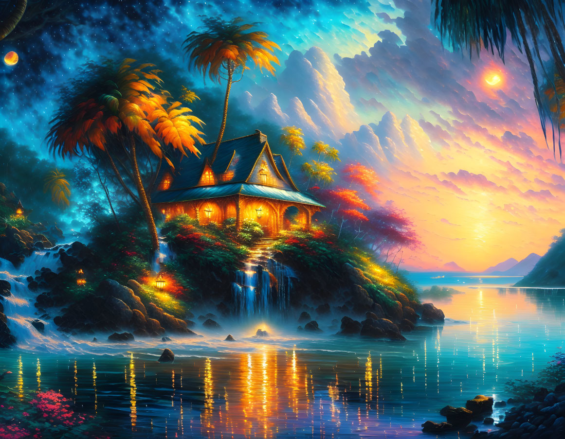 Digital artwork: Thatched-roof house on tropical island at sunset with waterfall, palms, reflecting water