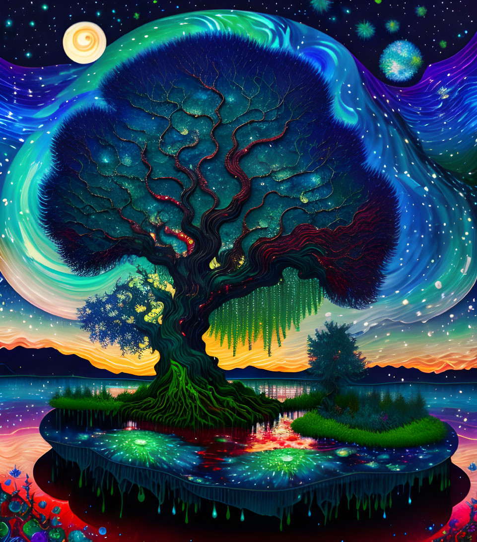 Vibrant digital artwork of luminous tree on mystical island