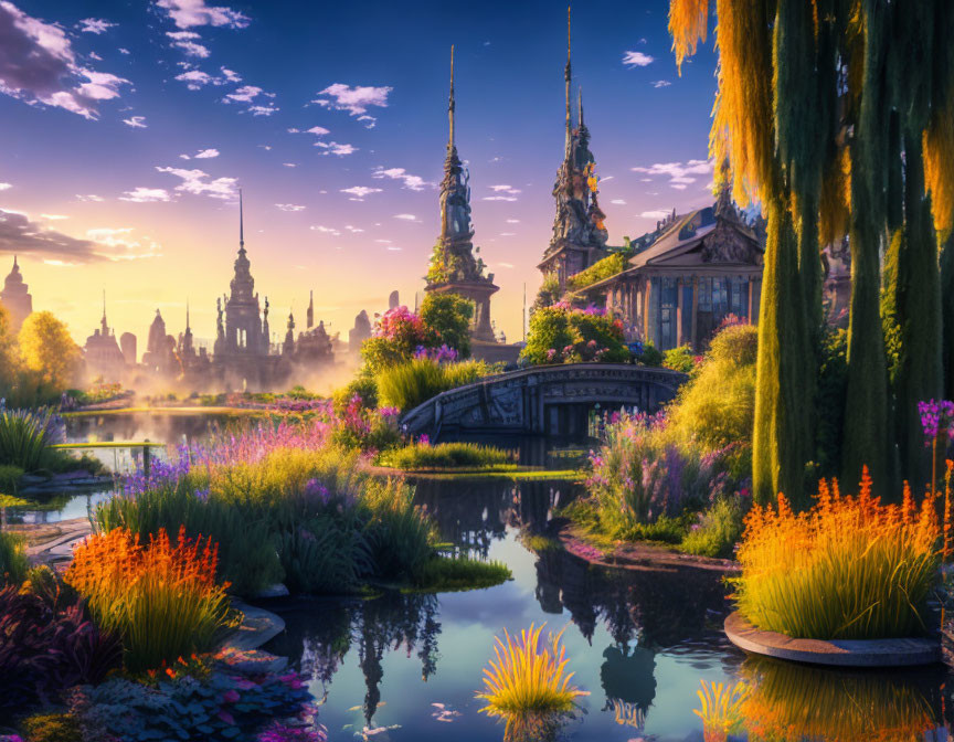 Tranquil fantasy landscape: ornate bridge, colorful flora, serene water, spire-topped