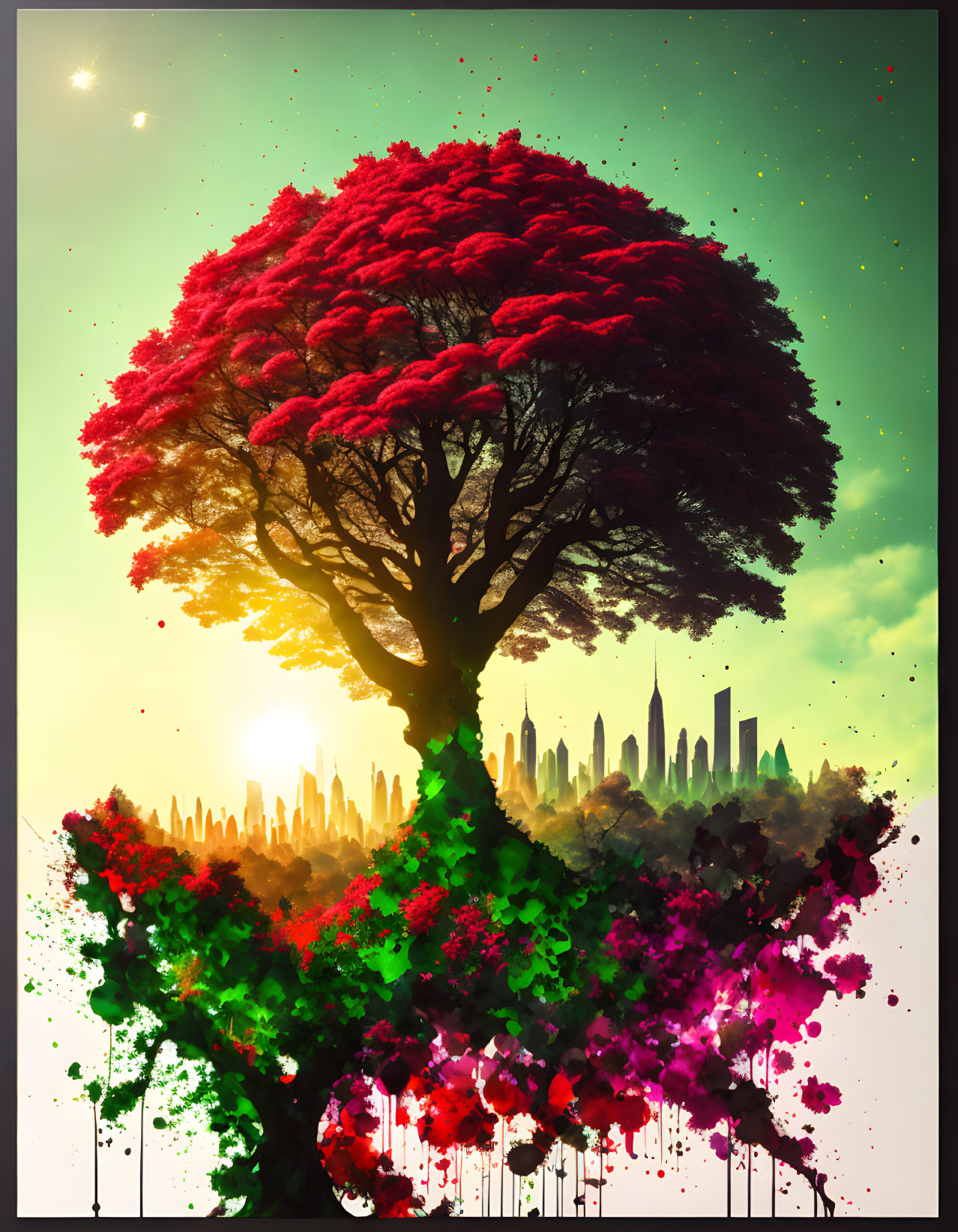 Colorful digital artwork: Crimson tree against celestial backdrop