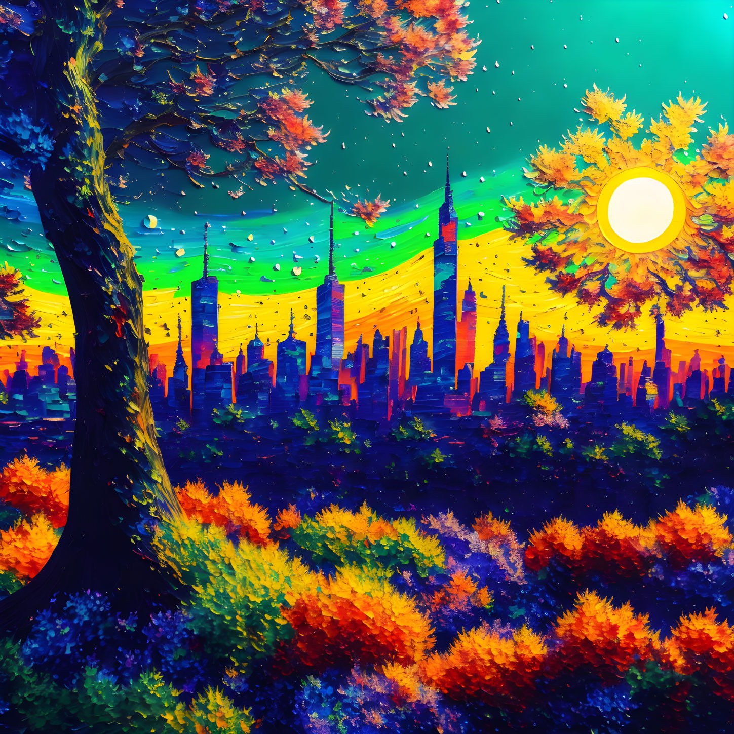 Colorful autumn tree art overlooking city skyline at sunset