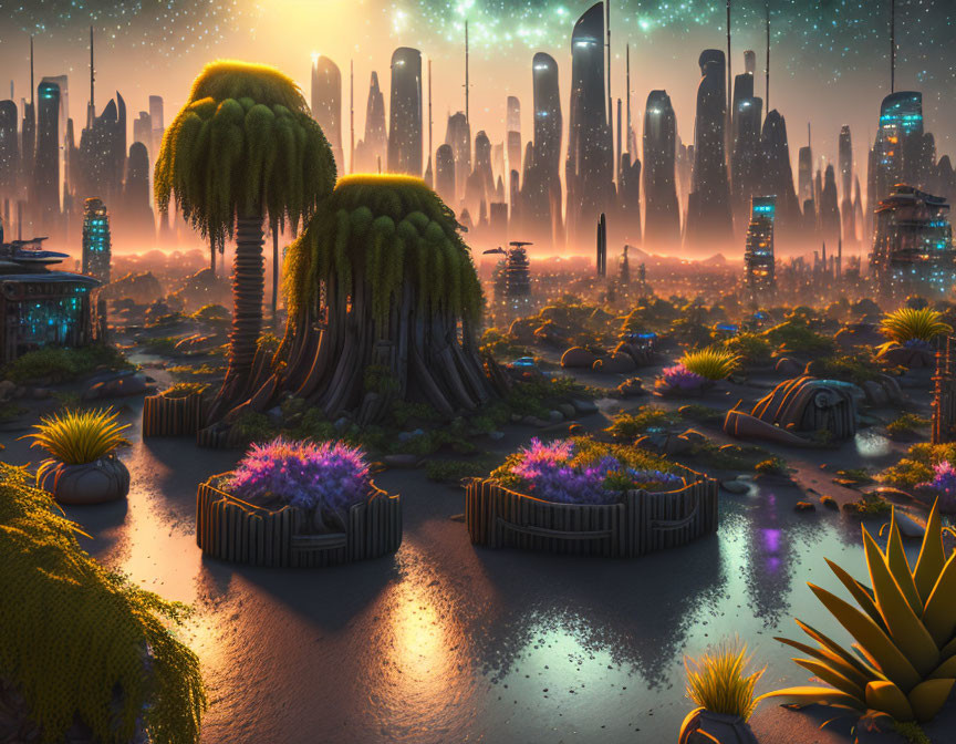 Futuristic cityscape at dusk: luminous buildings, exotic flora, reflective water.