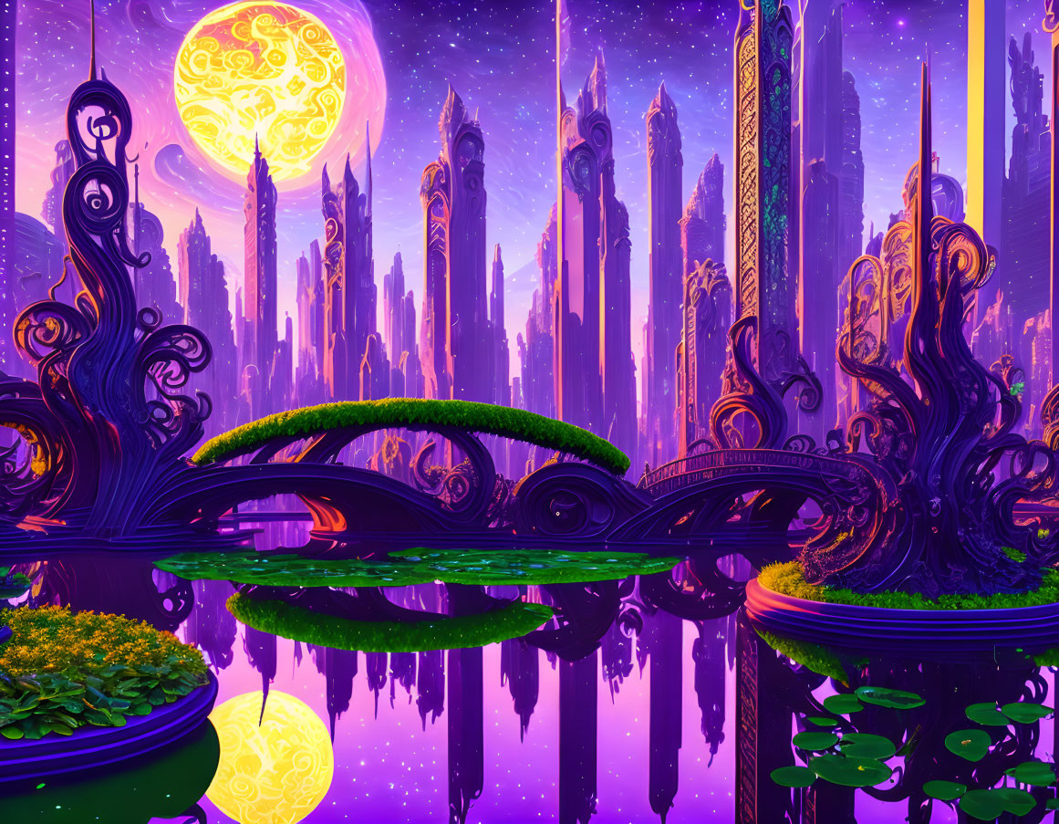 Fantasy landscape with spires, yellow moon, water reflections, bridges, and floating islands.