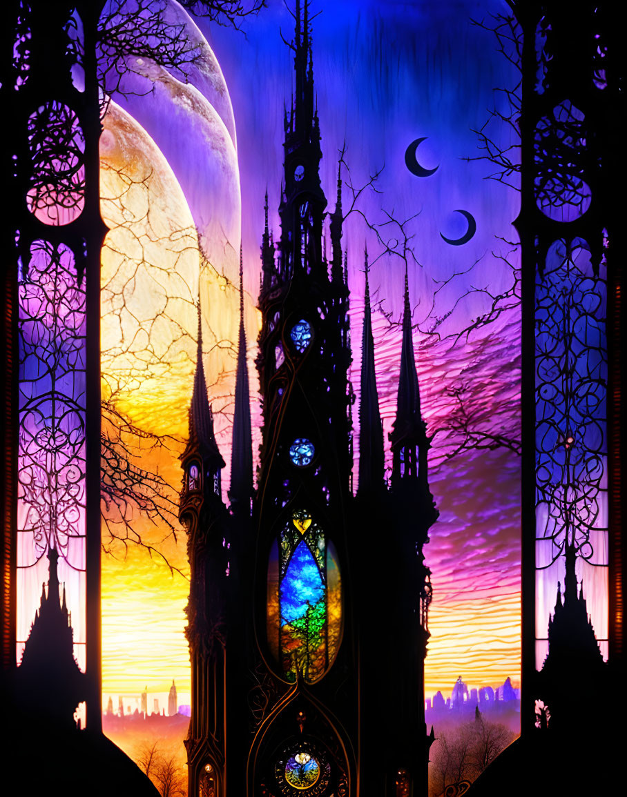 Gothic Cathedral Silhouette in Cosmic Sunset Scene