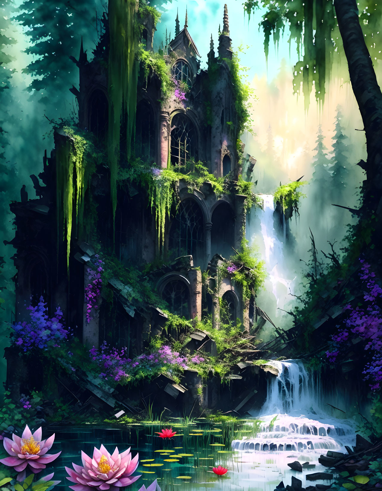 Illustration of ancient gothic ruin in lush forest with waterfall