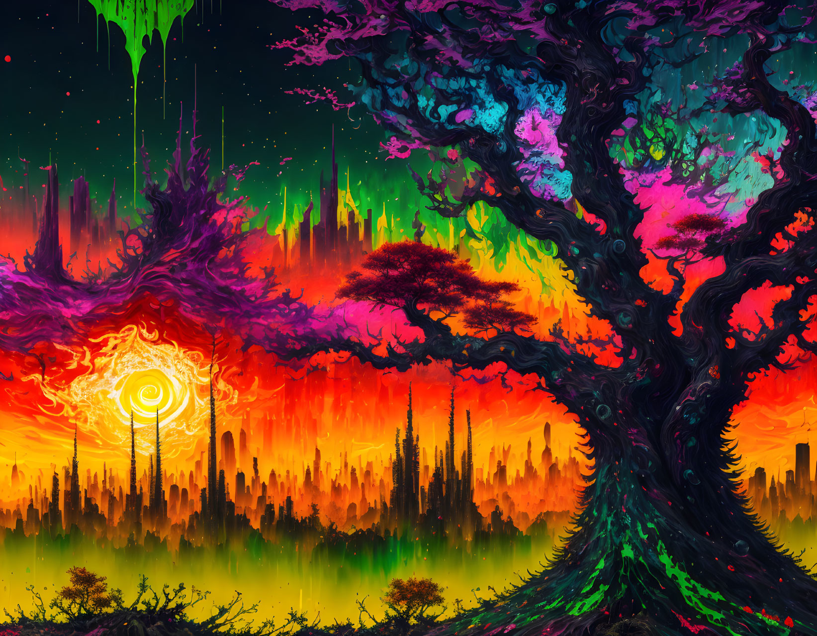 Colorful surrealist landscape with multicolored tree and neon sky.