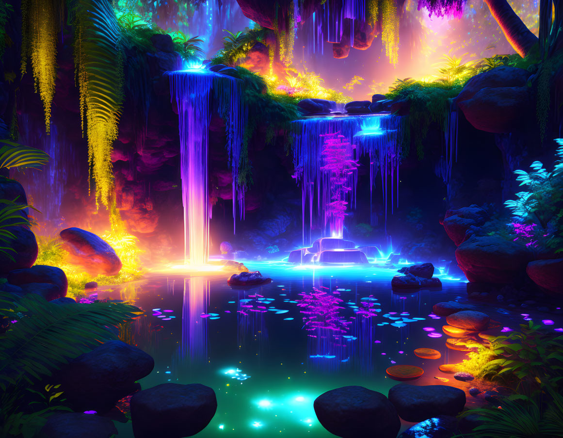 Fantasy Jungle with Neon Lights and Waterfall