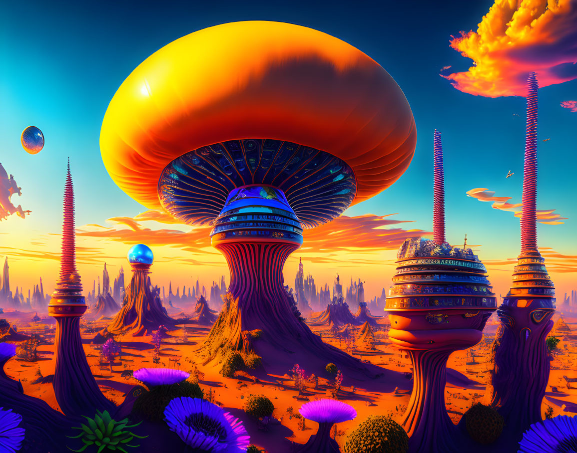 Colorful sci-fi landscape with mushroom structures and floating spheres at sunset