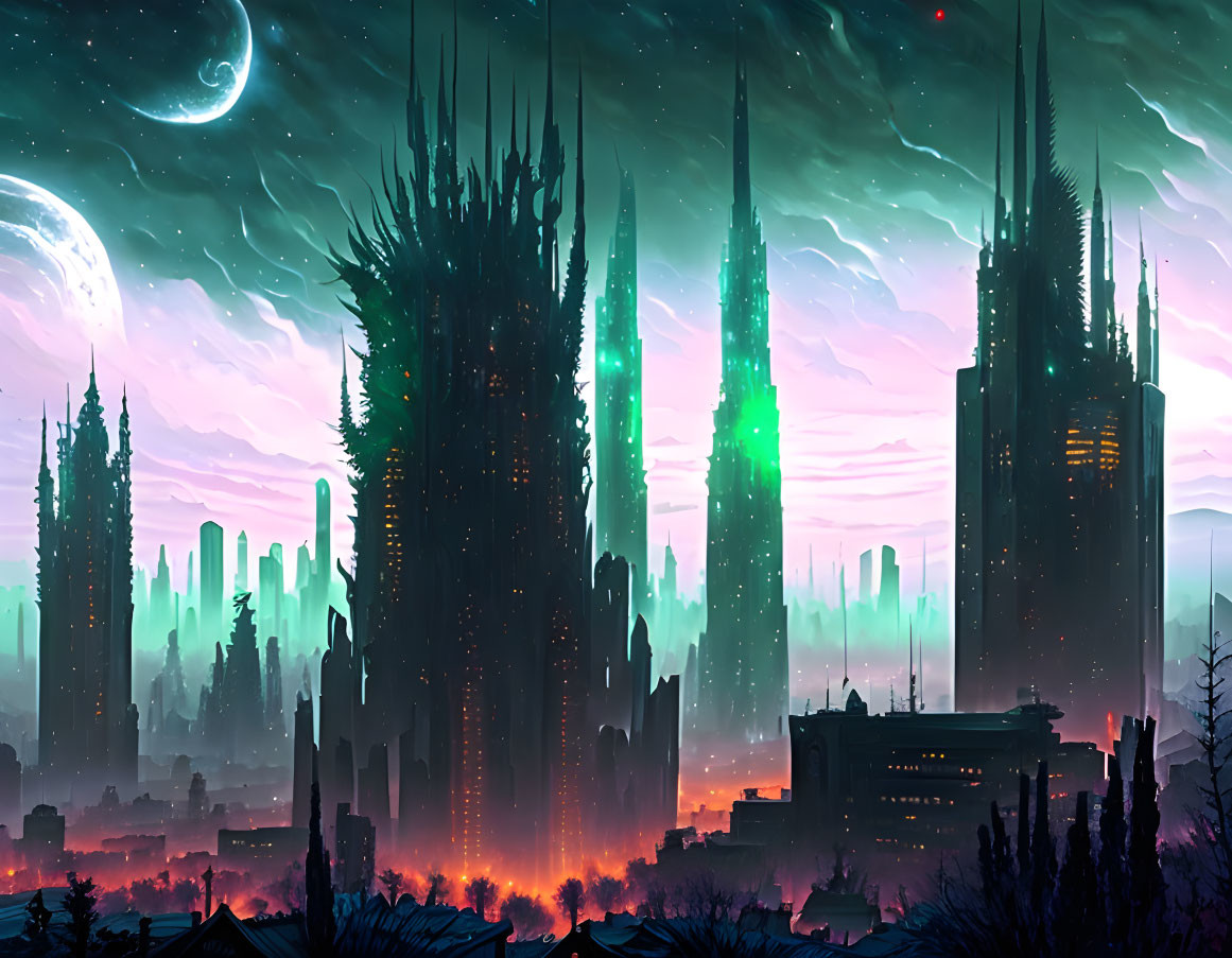 Futuristic cityscape with neon-lit skyscrapers at dusk