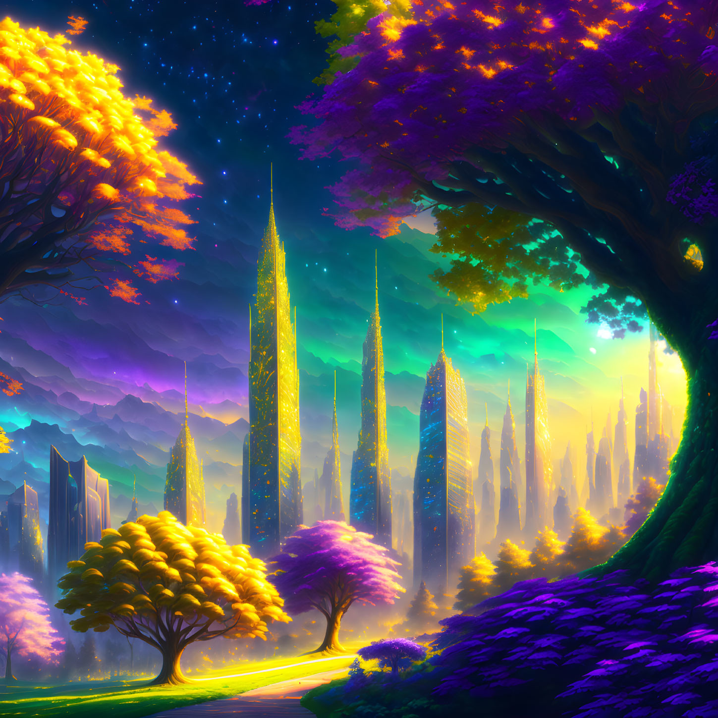 Vibrant fantasy dusk landscape with golden skyscrapers, purple mountains, starry sky, and