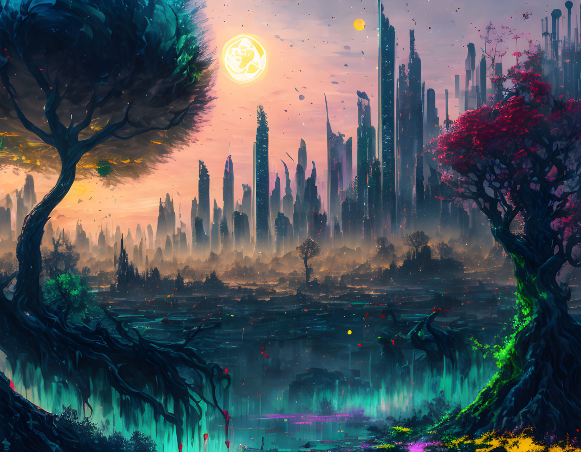 Colorful Trees and Futuristic City Spires in Vibrant Landscape