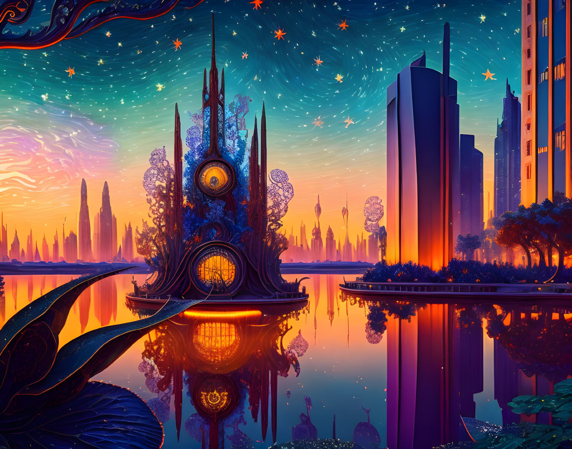 Futuristic cityscape with organic structure at sunset