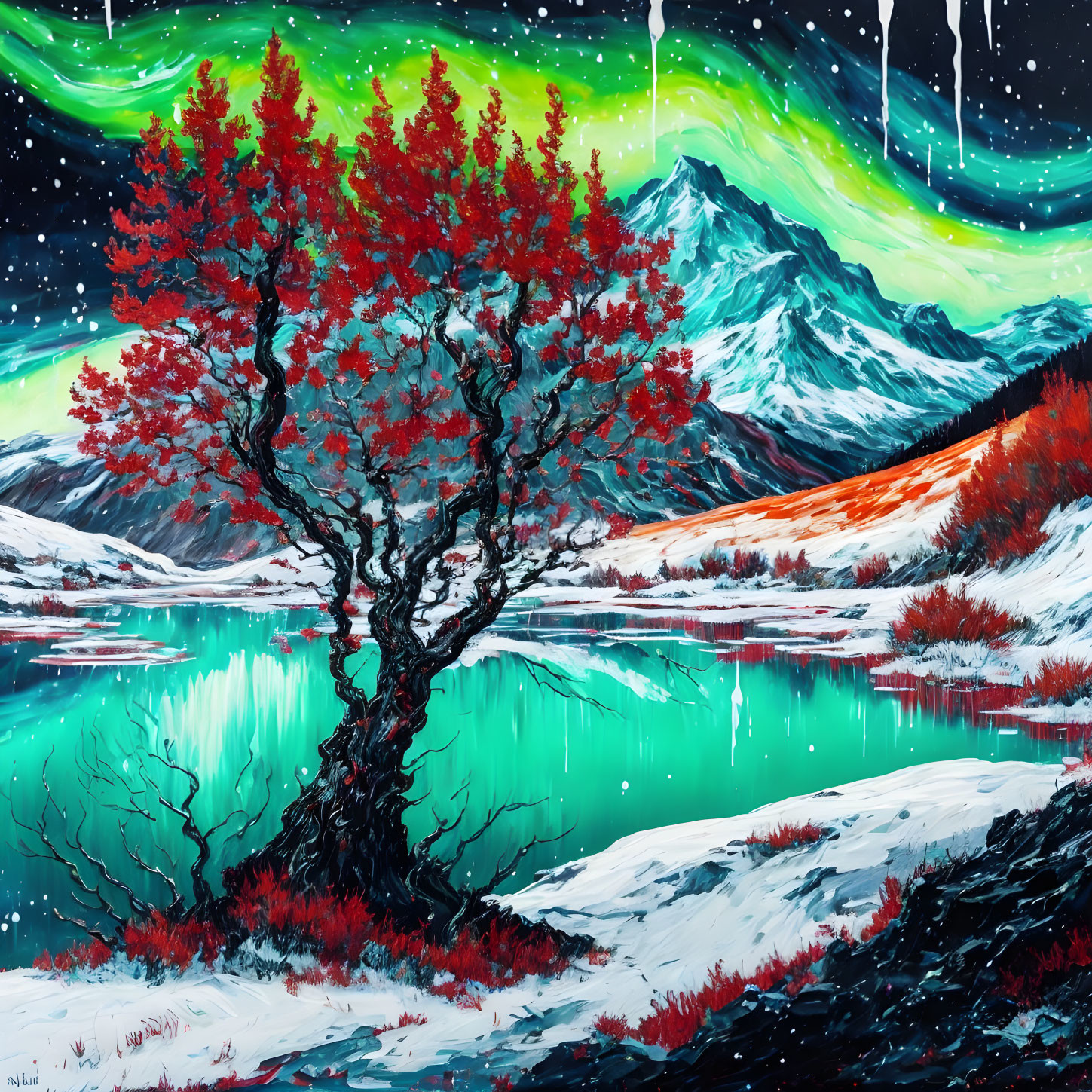 Colorful painting of lone tree by lake with snowy mountain and aurora-lit sky