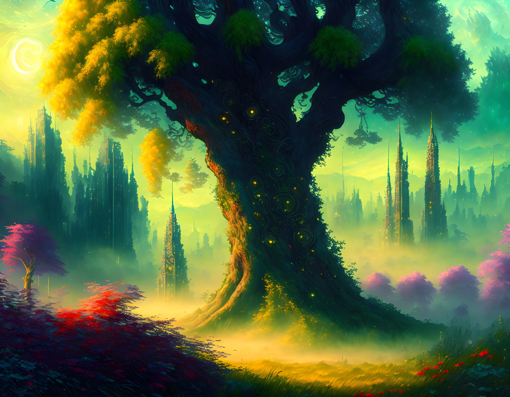 Fantastical landscape with colossal glowing tree