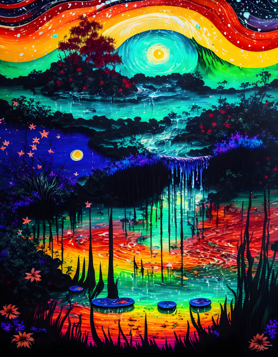 Colorful painting of fantastical landscape with swirling skies and glowing flora