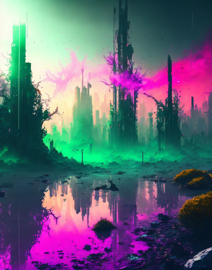 Futuristic neon cityscape reflected on water amidst ruins and fog