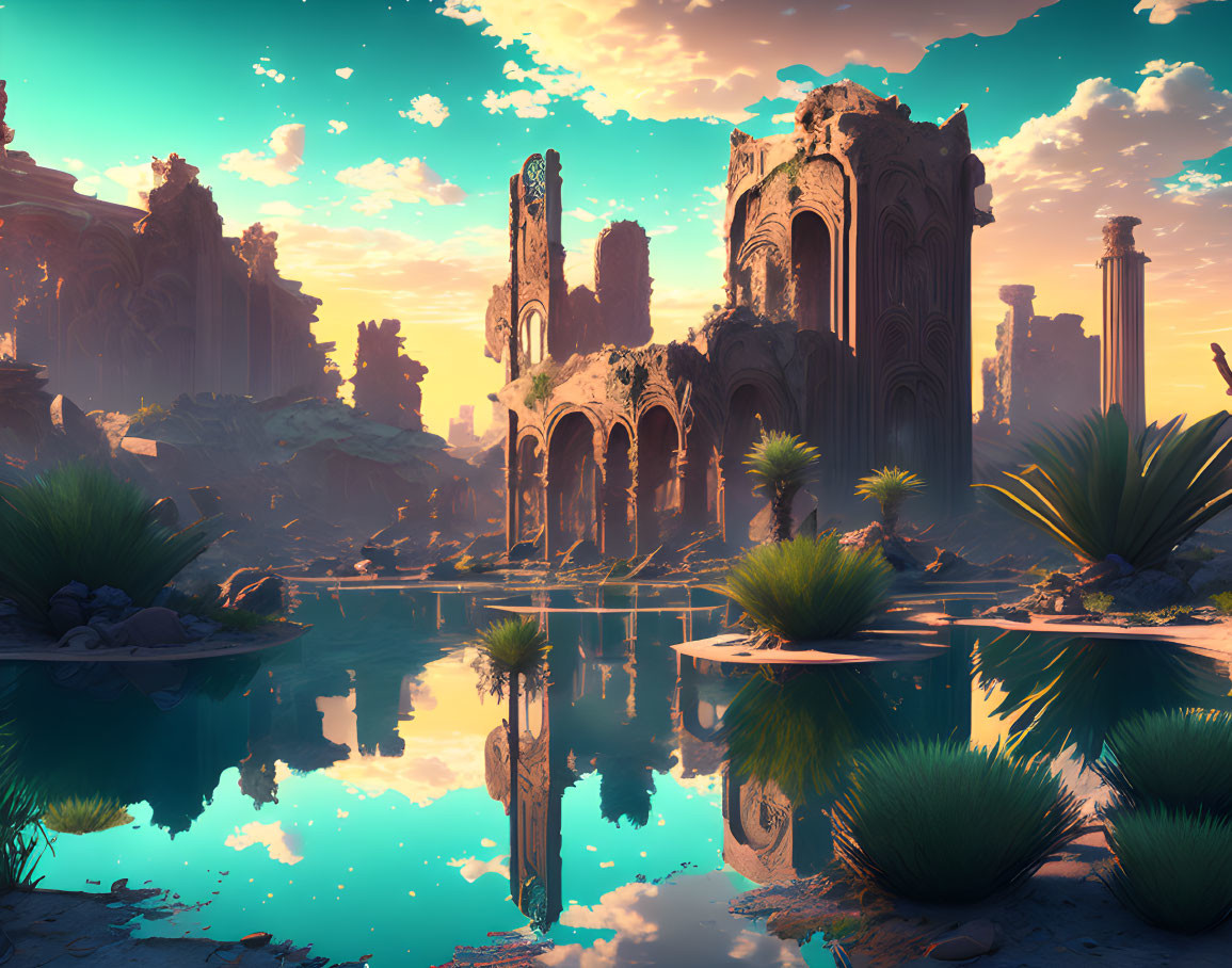 Tranquil landscape with ancient temple ruins by clear blue lake