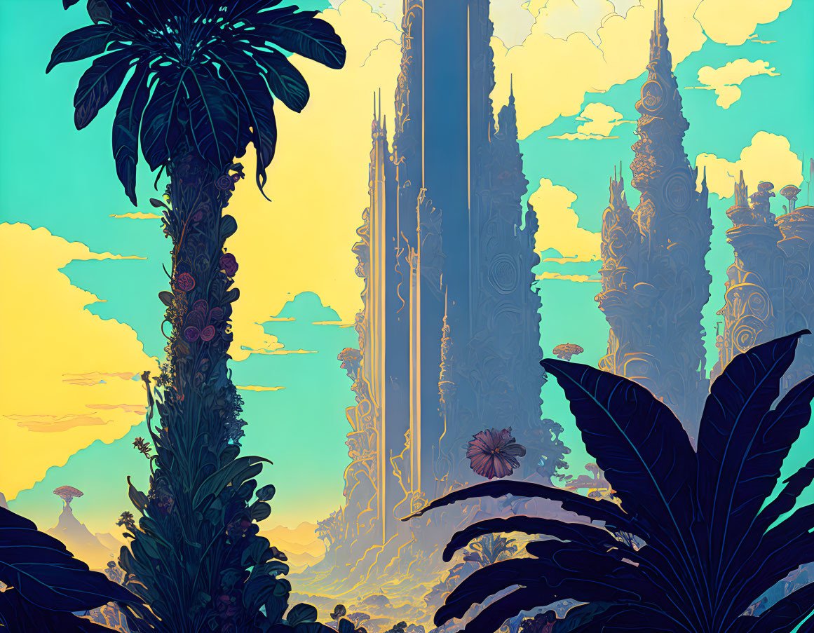 Mystical landscape with towering structures and exotic flora