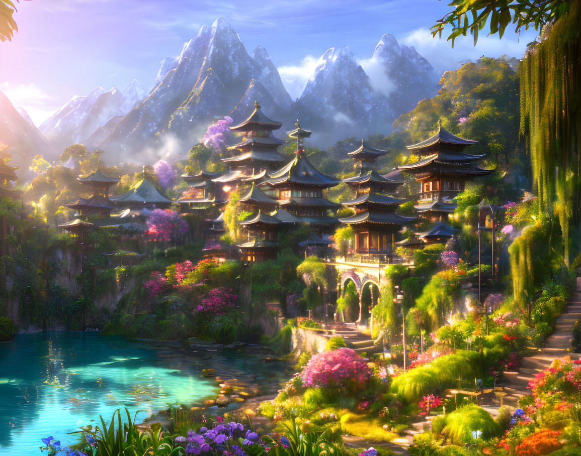 Tranquil fantasy landscape: Pagoda buildings, lush greenery, lake, misty mountains