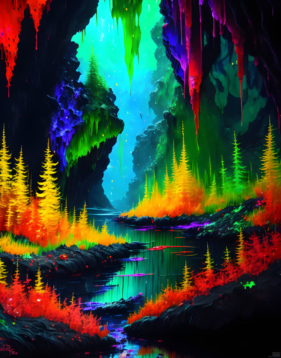 Colorful digital art: fantastical cave with glowing stalactites, starry sky, neon-l