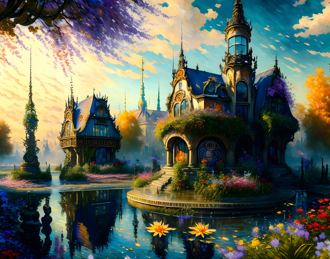 Whimsical Victorian houses in vibrant fantasy landscape